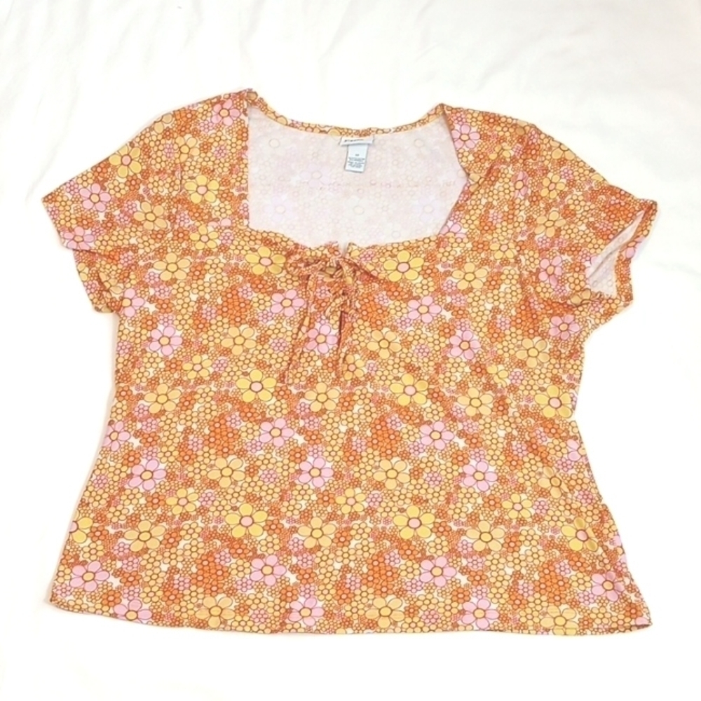 Rue+ Womens Top Sz 3X Short Sleeve Orange Floral Stretchy Soft Tie Cozy Layer